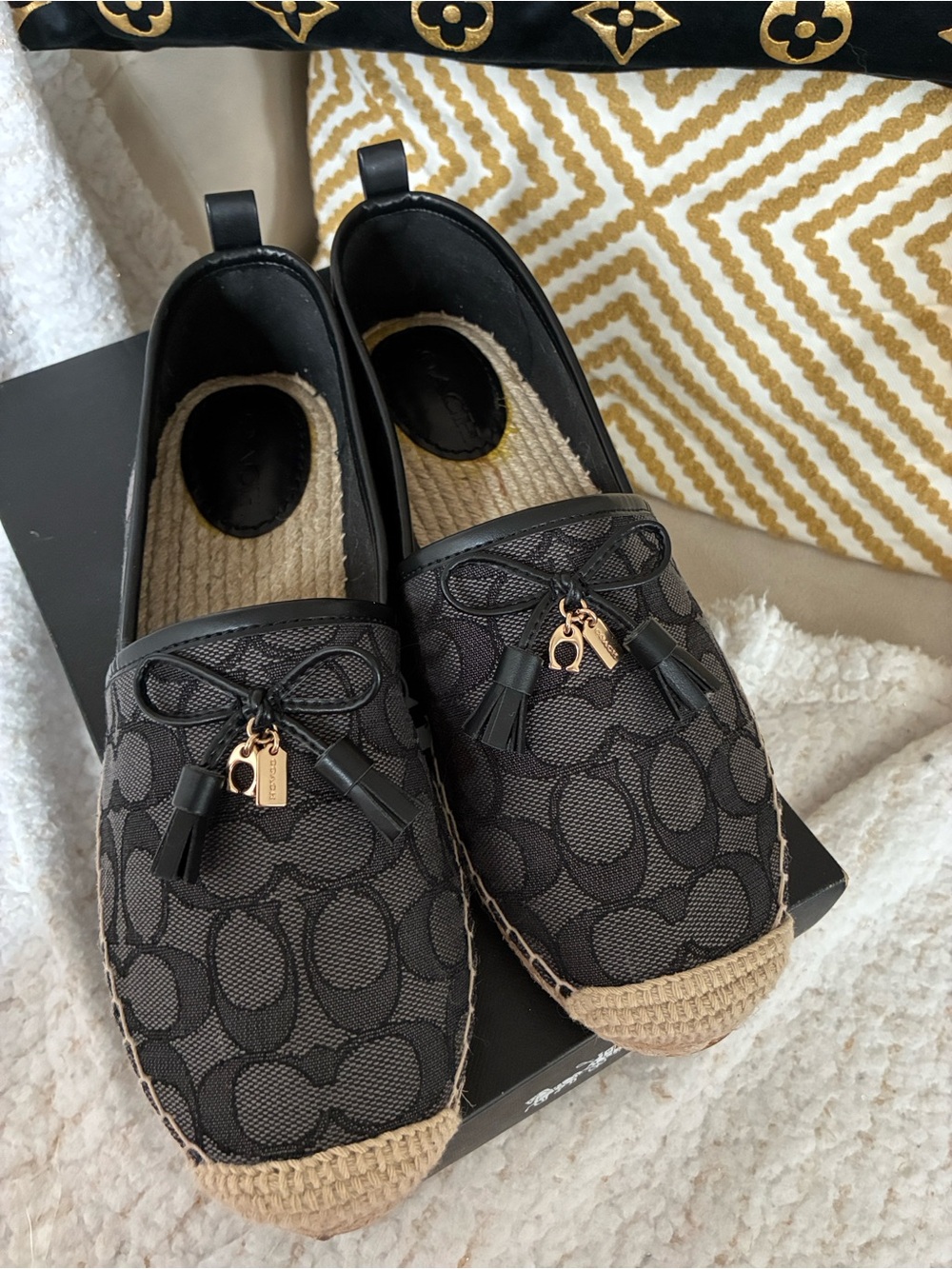 Coach Black Signature Canvas Espadrille Slip-Ons with Tassel Charms